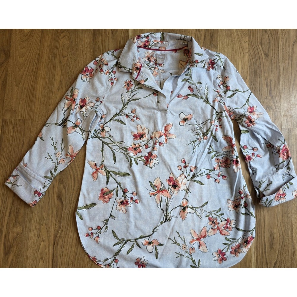 CHICO'S, BLUE FLORAL FRENCH CUFFS TUNIC TOP‎ SHIRT BLOUSE Size 1